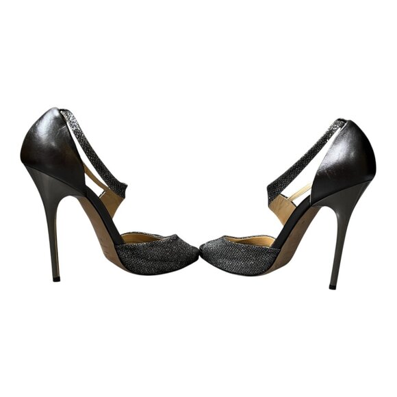 Jimmy Choo Tyne Anthractive Asymmetrical Gunmetal Glitter Heel Sandals - Picture 4 of 8